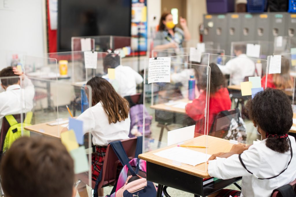 classroom with plexiglass