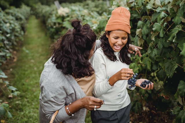 mother and teen girl in fruit field